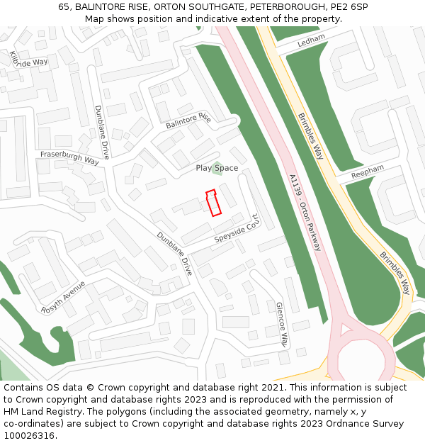 65, BALINTORE RISE, ORTON SOUTHGATE, PETERBOROUGH, PE2 6SP: Location map and indicative extent of plot