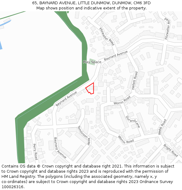 65, BAYNARD AVENUE, LITTLE DUNMOW, DUNMOW, CM6 3FD: Location map and indicative extent of plot
