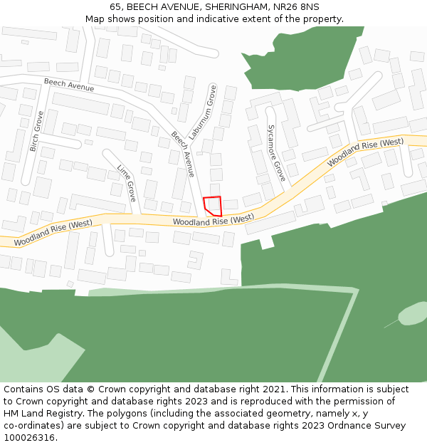 65, BEECH AVENUE, SHERINGHAM, NR26 8NS: Location map and indicative extent of plot