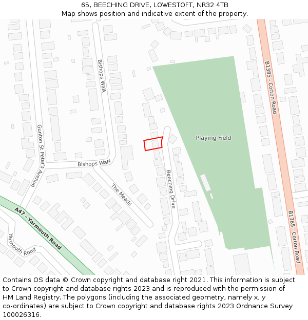 65, BEECHING DRIVE, LOWESTOFT, NR32 4TB: Location map and indicative extent of plot