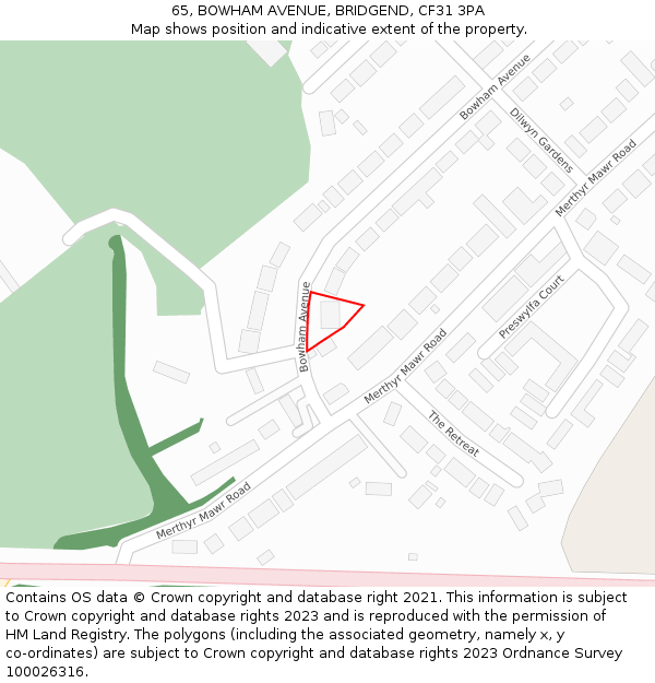 65, BOWHAM AVENUE, BRIDGEND, CF31 3PA: Location map and indicative extent of plot