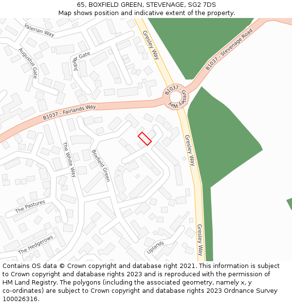 65, BOXFIELD GREEN, STEVENAGE, SG2 7DS: Location map and indicative extent of plot
