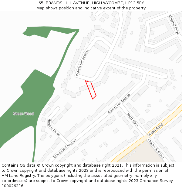 65, BRANDS HILL AVENUE, HIGH WYCOMBE, HP13 5PY: Location map and indicative extent of plot