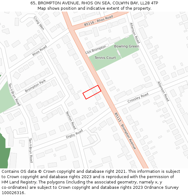 65, BROMPTON AVENUE, RHOS ON SEA, COLWYN BAY, LL28 4TP: Location map and indicative extent of plot