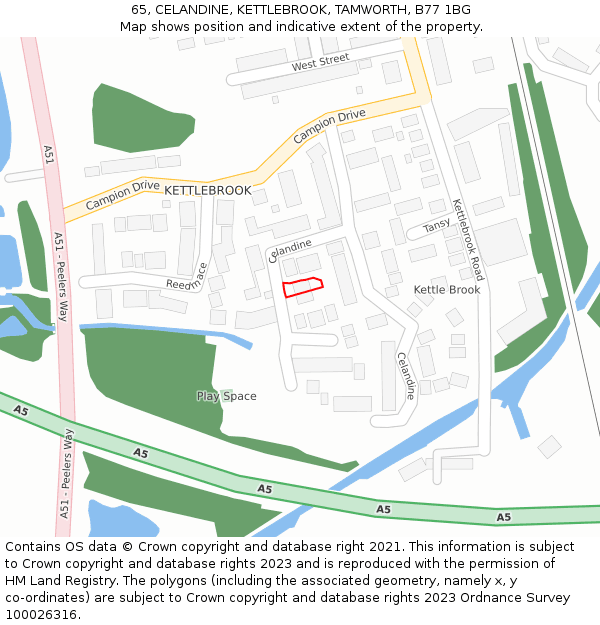 65, CELANDINE, KETTLEBROOK, TAMWORTH, B77 1BG: Location map and indicative extent of plot