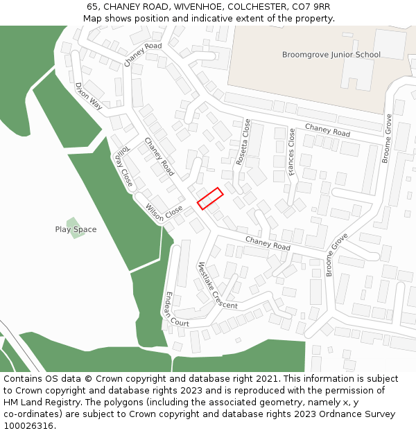 65, CHANEY ROAD, WIVENHOE, COLCHESTER, CO7 9RR: Location map and indicative extent of plot