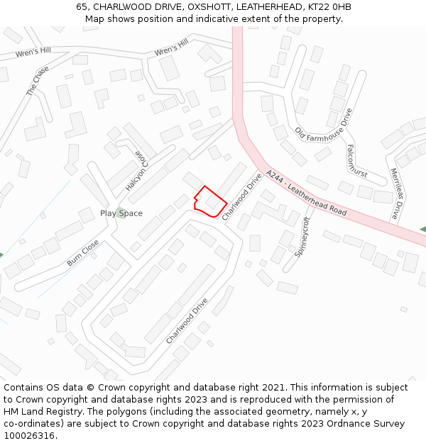 65, CHARLWOOD DRIVE, OXSHOTT, LEATHERHEAD, KT22 0HB: Location map and indicative extent of plot