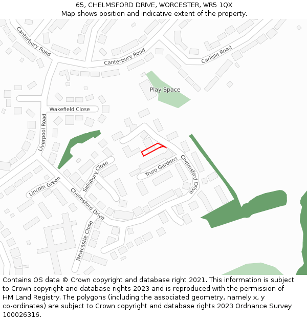 65, CHELMSFORD DRIVE, WORCESTER, WR5 1QX: Location map and indicative extent of plot