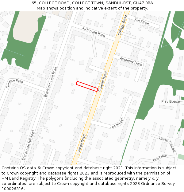 65, COLLEGE ROAD, COLLEGE TOWN, SANDHURST, GU47 0RA: Location map and indicative extent of plot