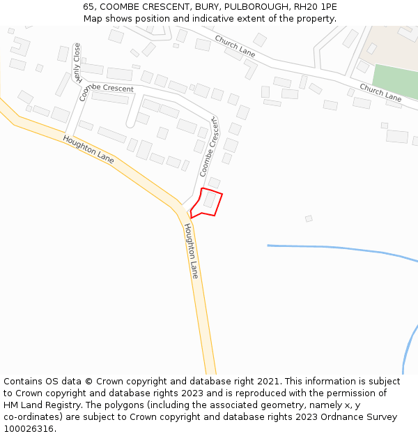 65, COOMBE CRESCENT, BURY, PULBOROUGH, RH20 1PE: Location map and indicative extent of plot