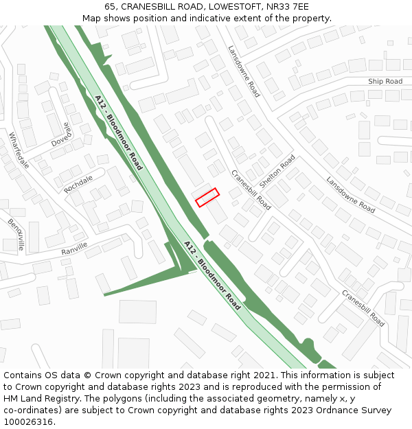 65, CRANESBILL ROAD, LOWESTOFT, NR33 7EE: Location map and indicative extent of plot