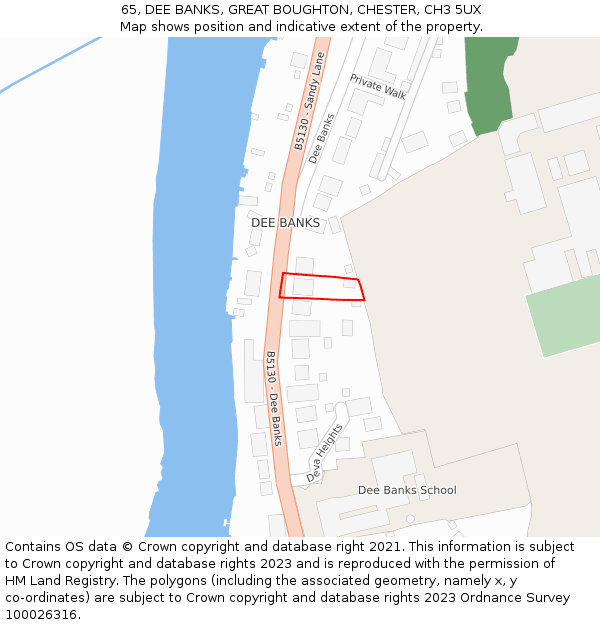 65, DEE BANKS, GREAT BOUGHTON, CHESTER, CH3 5UX: Location map and indicative extent of plot