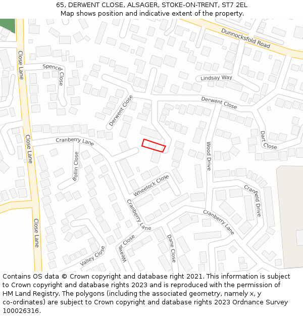 65, DERWENT CLOSE, ALSAGER, STOKE-ON-TRENT, ST7 2EL: Location map and indicative extent of plot