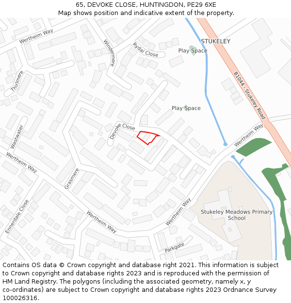 65, DEVOKE CLOSE, HUNTINGDON, PE29 6XE: Location map and indicative extent of plot