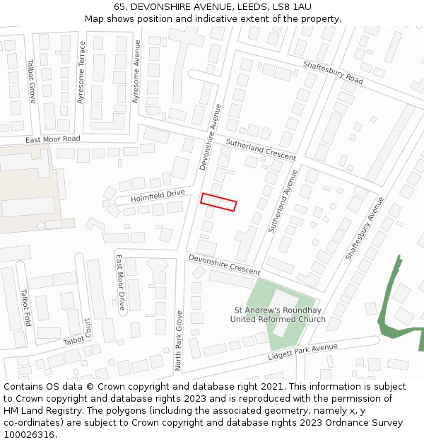65, DEVONSHIRE AVENUE, LEEDS, LS8 1AU: Location map and indicative extent of plot