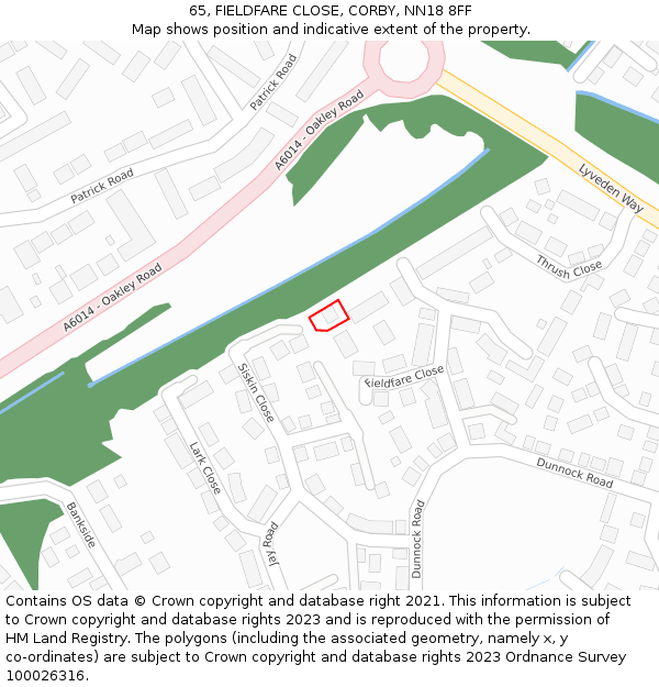 65, FIELDFARE CLOSE, CORBY, NN18 8FF: Location map and indicative extent of plot