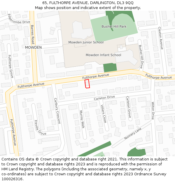 65, FULTHORPE AVENUE, DARLINGTON, DL3 9QQ: Location map and indicative extent of plot