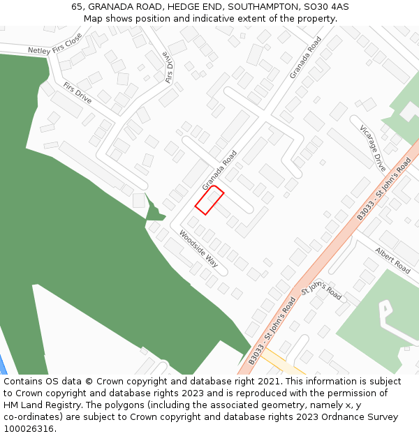 65, GRANADA ROAD, HEDGE END, SOUTHAMPTON, SO30 4AS: Location map and indicative extent of plot