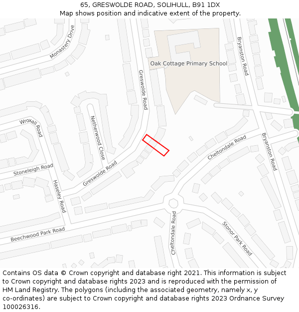 65, GRESWOLDE ROAD, SOLIHULL, B91 1DX: Location map and indicative extent of plot
