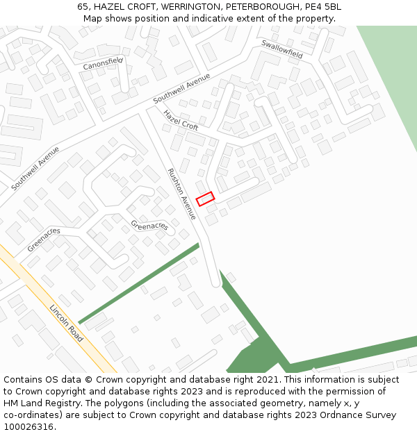 65, HAZEL CROFT, WERRINGTON, PETERBOROUGH, PE4 5BL: Location map and indicative extent of plot