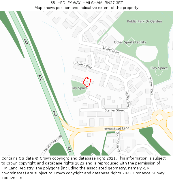 65, HEDLEY WAY, HAILSHAM, BN27 3FZ: Location map and indicative extent of plot
