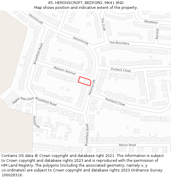 65, HERONSCROFT, BEDFORD, MK41 9ND: Location map and indicative extent of plot