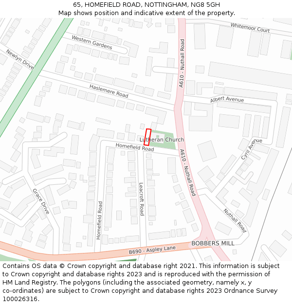 65, HOMEFIELD ROAD, NOTTINGHAM, NG8 5GH: Location map and indicative extent of plot