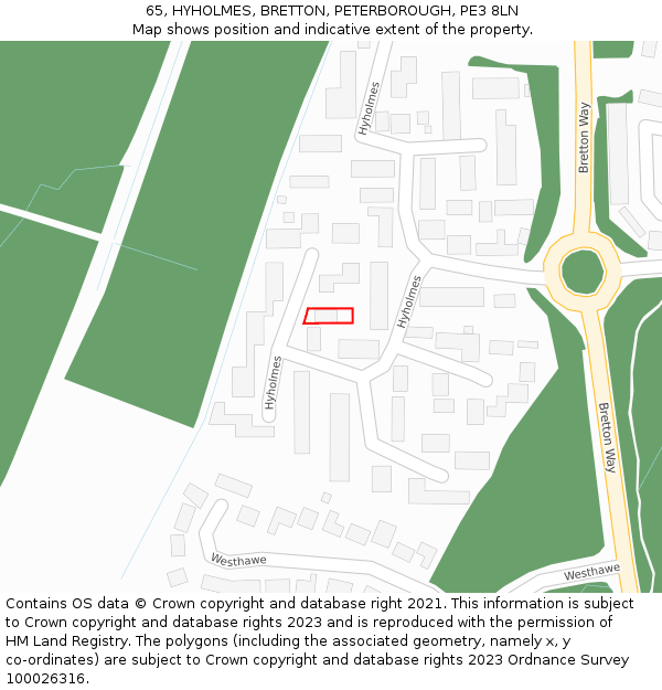 65, HYHOLMES, BRETTON, PETERBOROUGH, PE3 8LN: Location map and indicative extent of plot