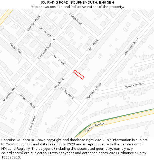 65, IRVING ROAD, BOURNEMOUTH, BH6 5BH: Location map and indicative extent of plot