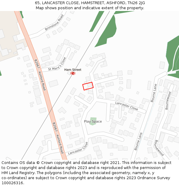 65, LANCASTER CLOSE, HAMSTREET, ASHFORD, TN26 2JG: Location map and indicative extent of plot