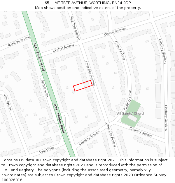 65, LIME TREE AVENUE, WORTHING, BN14 0DP: Location map and indicative extent of plot