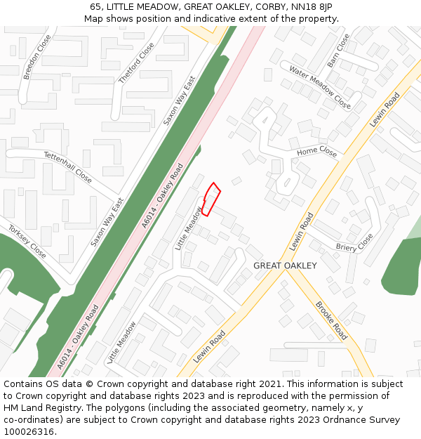65, LITTLE MEADOW, GREAT OAKLEY, CORBY, NN18 8JP: Location map and indicative extent of plot