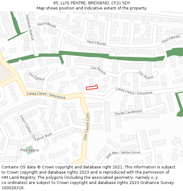 65, LLYS PENTRE, BRIDGEND, CF31 5DY: Location map and indicative extent of plot