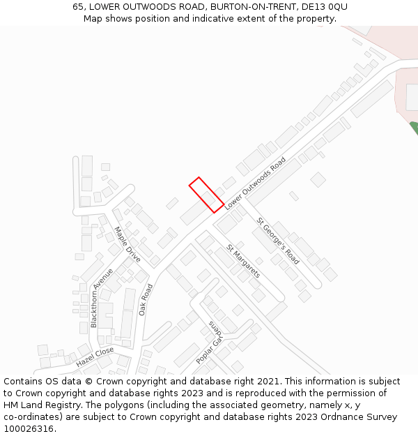 65, LOWER OUTWOODS ROAD, BURTON-ON-TRENT, DE13 0QU: Location map and indicative extent of plot