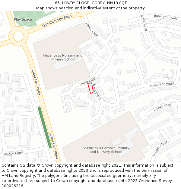65, LOWRY CLOSE, CORBY, NN18 0QT: Location map and indicative extent of plot
