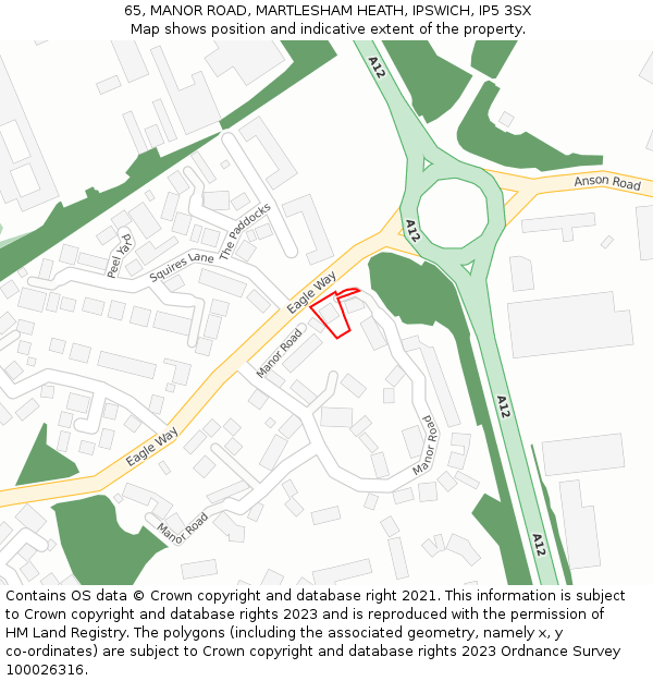 65, MANOR ROAD, MARTLESHAM HEATH, IPSWICH, IP5 3SX: Location map and indicative extent of plot