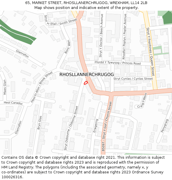 65, MARKET STREET, RHOSLLANERCHRUGOG, WREXHAM, LL14 2LB: Location map and indicative extent of plot