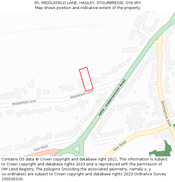 65, MIDDLEFIELD LANE, HAGLEY, STOURBRIDGE, DY9 0PY: Location map and indicative extent of plot