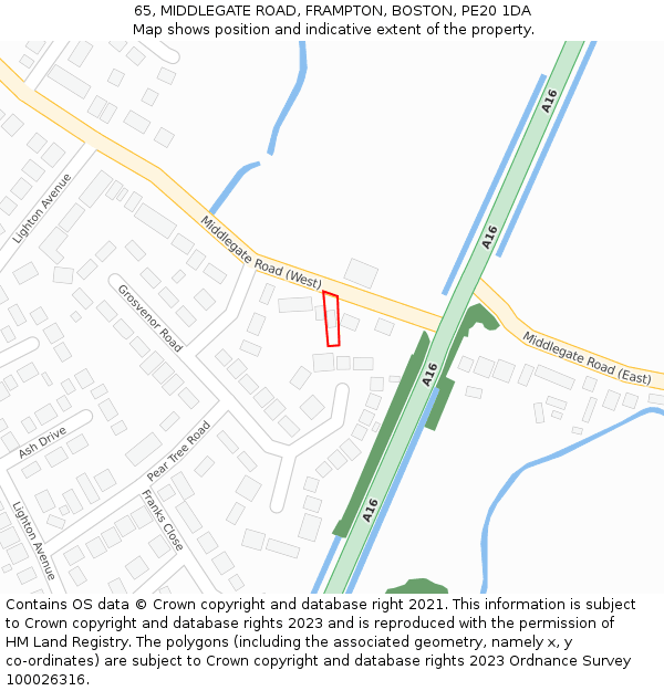 65, MIDDLEGATE ROAD, FRAMPTON, BOSTON, PE20 1DA: Location map and indicative extent of plot