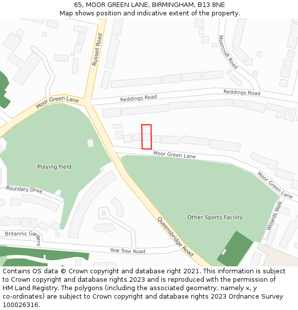 65, MOOR GREEN LANE, BIRMINGHAM, B13 8NE: Location map and indicative extent of plot