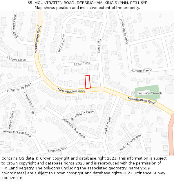 65, MOUNTBATTEN ROAD, DERSINGHAM, KING'S LYNN, PE31 6YE: Location map and indicative extent of plot