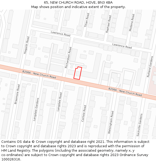 65, NEW CHURCH ROAD, HOVE, BN3 4BA: Location map and indicative extent of plot