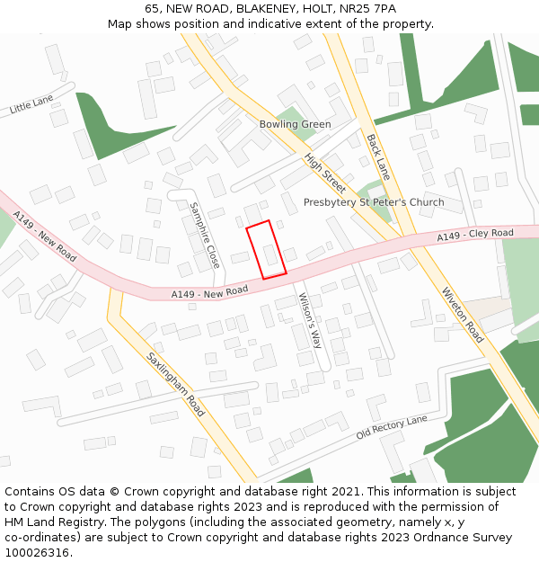 65, NEW ROAD, BLAKENEY, HOLT, NR25 7PA: Location map and indicative extent of plot