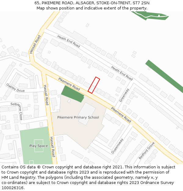 65, PIKEMERE ROAD, ALSAGER, STOKE-ON-TRENT, ST7 2SN: Location map and indicative extent of plot