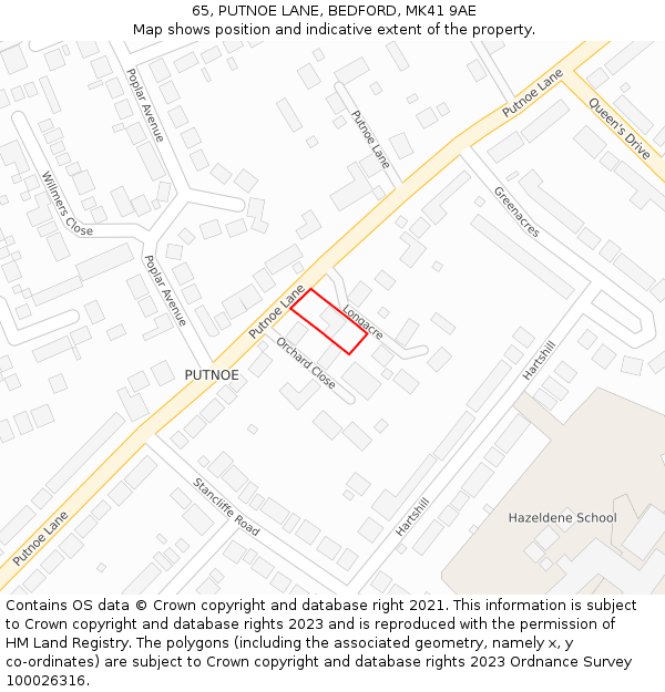 65, PUTNOE LANE, BEDFORD, MK41 9AE: Location map and indicative extent of plot