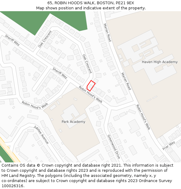 65, ROBIN HOODS WALK, BOSTON, PE21 9EX: Location map and indicative extent of plot