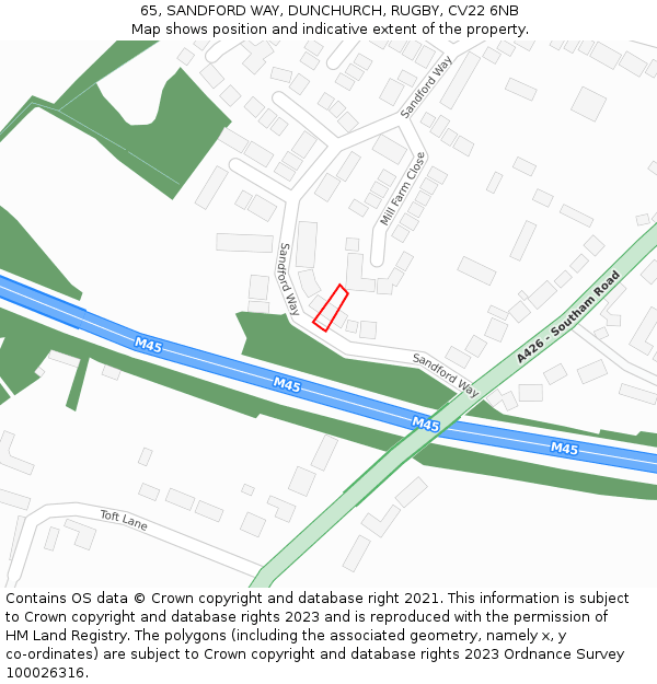 65, SANDFORD WAY, DUNCHURCH, RUGBY, CV22 6NB: Location map and indicative extent of plot