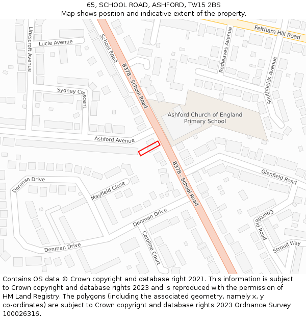 65, SCHOOL ROAD, ASHFORD, TW15 2BS: Location map and indicative extent of plot