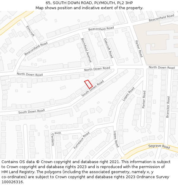 65, SOUTH DOWN ROAD, PLYMOUTH, PL2 3HP: Location map and indicative extent of plot