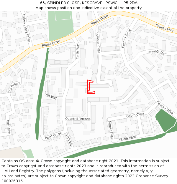 65, SPINDLER CLOSE, KESGRAVE, IPSWICH, IP5 2DA: Location map and indicative extent of plot